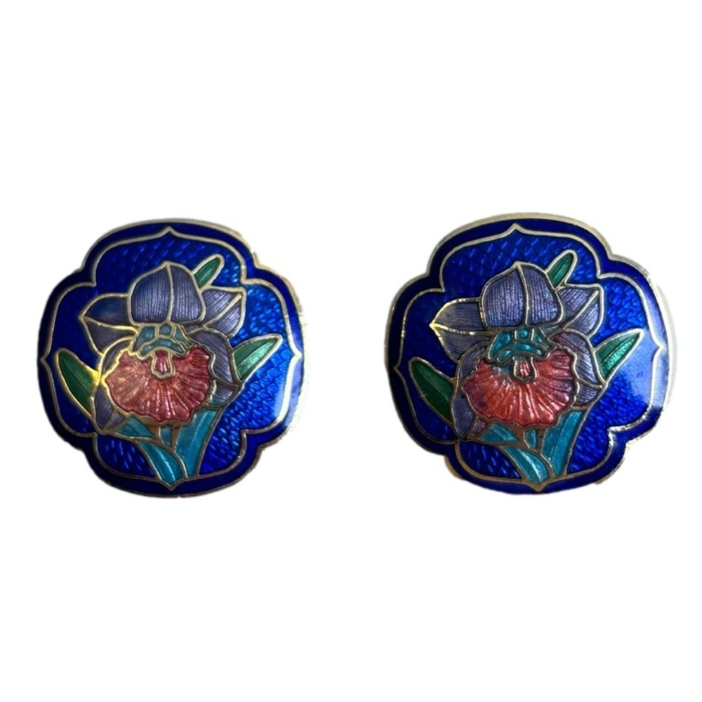 Vintage Cloisonné Pierced Earrings Floral Design